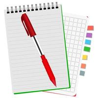 Two notebooks with colored bookmarks and red pen on a white background vector