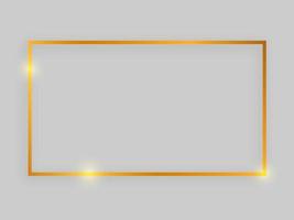 Shiny frame with glowing effects. Gold rectangular frame with shadow on grey background. Vector illustration