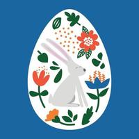 White Easter egg painted with flowers and bunnies on a blue background. Festive clip art vector