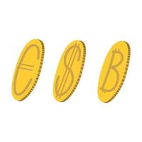 monedas metálicas de euro, dólar y bitcoin giradas de lado sobre un fondo blanco. ilustración vectorial de dinero. vector