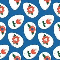Seamless pattern with white painted Easter eggs on a blue background. Drawings of flowers on eggs vector