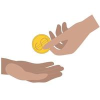 A hand passing a one golden dollar coin into the hand. Hands counting cents. Finance. vector