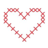 Red cross stitch heart embroidered on a white background. Needlework vector illustration. Valentines day