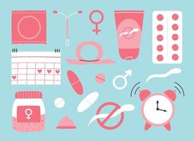 Types of contraception. Pills, calendar, patch, condom and coil. Vector illustration in a flat style. Poster with contraception.World contraception day. Methods of contraception.