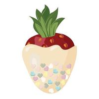 Strawberries in white chocolate, decorated with multi-colored sprinkles in the form of hearts. Vector illustration isolated on white background.