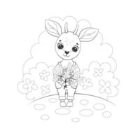 Vector cute antelope baby with oak twigs and acorns. Bambi. Childrens coloring book. Monochrome, black and white graphic. Isolated on white