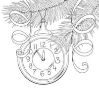 ramas de árboles de navidad con un juguete de árbol de navidad en forma de reloj. Año Nuevo. ilustración vectorial aislado en blanco libro para colorear para niños. gráfico monocromático, blanco y negro. vector