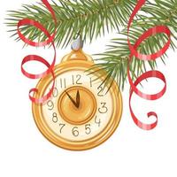 Winter banner. Christmas tree branches with a Christmas tree toy in the form of a clock. New Year. Template for the design. Vector illustration