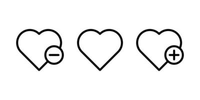 corazón menos, más, como, agregar a favoritos, eliminar el icono de concepto favorito en el diseño de estilo de línea aislado en fondo blanco. trazo editable. vector