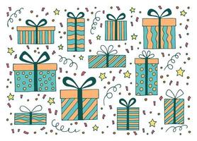 Set with gift box with different bows. Hand drawn vector illustration.