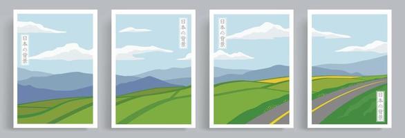 4 sets of Japanese oriental style illustrations. Vector of rice terraces with beautiful mountains background. Suitable for canvas print, poster, home decor, book cover, wallpaper.