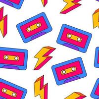 Seamless pattern in trendy 80s-90s style. Colored cartoon retro cassettes and lightning, acidic psychedelic. vector