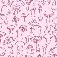 Seamless pattern in Viva Magenta trendy color. Different types of hand drawn illustrations of mushrooms on a pink background. Suitable for printing. vector