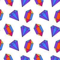 Seamless pattern in trendy 80s-90s style. Colored crystals and diamonds in cartoon style on a white background. vector