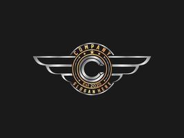 Retro Gold wings badge with letter C . vintage logo vector design element
