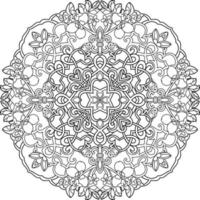 Rounded mandala with flowers and leaves line art, coloring page book vector