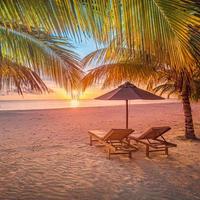 hermosa playa tropical de puesta de sol, tumbonas de pareja, sombrilla de tumbonas bajo palmera. arena blanca, vista al mar con horizonte, colorido cielo crepuscular, calma y relajación. hotel inspirador en la playa