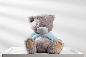 Gray teddy bear in light blue knitwear on white background. photo