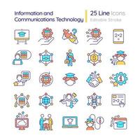 Information and communications technology development RGB color icons set. ICT industry of data processing. Isolated vector illustrations. Simple filled line drawings collection. Editable stroke