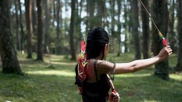 femme de tir à l'arc chassant un ennemi à l'intérieur de la forêt avec une flèche et un arc video