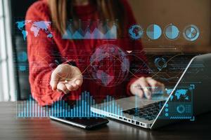 Intelligence and business analytics with dashboard concept.Website designer working in come digital tablet computer laptop.and smart phone. photo