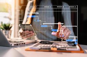 Project manager working and update tasks with milestones progress planning and Gantt chart scheduling diagram.business tram working photo