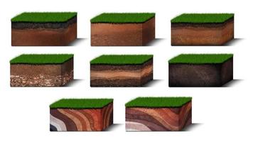 Isometric Soil Layers diagram, Cross section of green grass and underground soil layers beneath, stratum of organic, minerals, sand, clay, Isometric soil layers isolated on white photo