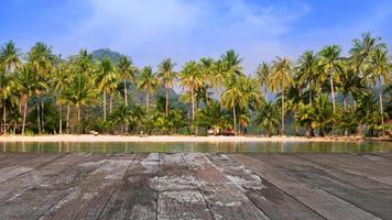 Wooden floor with sea of a Island and coconut tree nature landscape background photo