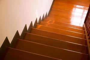 Brown wooden stair interior decorated modern style of residential house,Wooden stairs in the house, looking down. photo