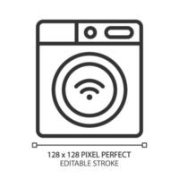 Smart washing machine pixel perfect linear icon. Home appliance. Device for laundry. Remote control via smartphone app. Thin line illustration. Contour symbol. Vector outline drawing. Editable stroke