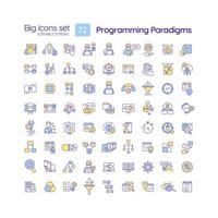 Programming language paradigms RGB color icons set. Software development. Coding. Computer programmer. Isolated vector illustrations. Simple filled line drawings collection. Editable stroke