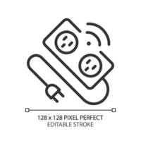 Smart power strip pixel perfect linear icon. Automatic multi plug device. Appliance for home. Surge protector. Thin line illustration. Contour symbol. Vector outline drawing. Editable stroke