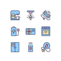 Smart appliances for home pixel perfect RGB color icons set. Automated devices. Internet of things. Isolated vector illustrations. Simple filled line drawings collection. Editable stroke