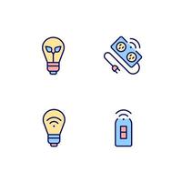 Home lighting pixel perfect RGB color icons set. Smart and energy efficient bulb. Power strip. Isolated vector illustrations. Simple filled line drawings collection. Editable stroke