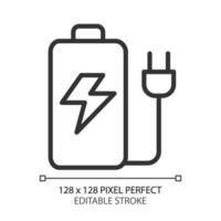 icono lineal perfecto de píxeles de batería recargable. acumulador de energia almacenamiento de energía portátil. fuente de electricidad ilustración de línea delgada. símbolo de contorno dibujo de contorno vectorial. trazo editable vector