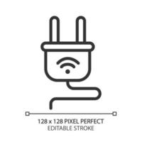 icono lineal perfecto de píxeles de enchufe inteligente. Electrodoméstico. dispositivo automatizado. control remoto con teléfono inteligente. ilustración de línea delgada. símbolo de contorno dibujo de contorno vectorial. trazo editable vector