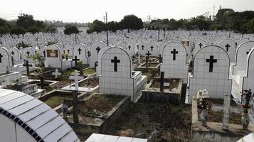 The public cemetery contains identical white ceramic graves with flowers. photo