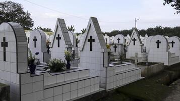 The public cemetery contains identical white ceramic graves with flowers. photo