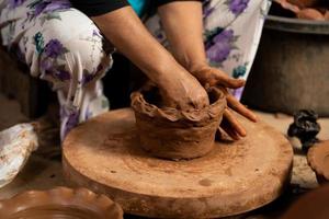 The process of forming traditional pottery crafts, located in Kasongan, Yogyakarta, Indonesia