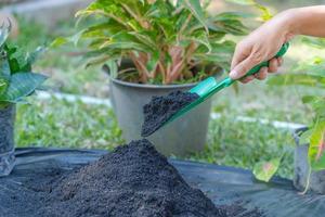 Preparation of soil mixture from fertile compost, humus and vermiculite on  black garbage bag floor in garden. Mixing the soil components for the preparation of the substrate for transplanting plants. photo