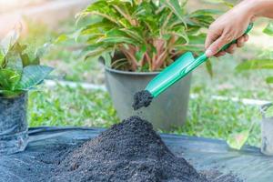 Preparation of soil mixture from fertile compost, humus and vermiculite on  black garbage bag floor in garden. Mixing the soil components for the preparation of the substrate for transplanting plants. photo