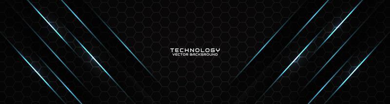 3D black techno abstract background overlap layer on dark space with blue light line effect decoration. Modern graphic design element cutout style concept for banner, flyer, card, or brochure cover