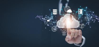 Man touching connect to data information on the Cloud Computing Technology Internet Storage Network Concept And a large database big data Through internet technology, Cloud sharing download and upload photo