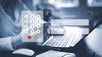 Security password login online concept Hands typing and entering username and password of social media, log in with smartphone to an online bank account, data protection from hacker photo