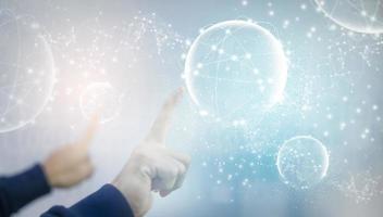 Hand touch virtual world line connections system and global data exchange. ,Business network connection concept. hologram screen displaying modern web system Wireless connection futuristic concept photo