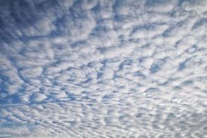 White light soft clouds floating in blue sky. Nature morning landscape background. Clear spring wind. Bright summer day. Winter calm air skyscape. Abstract panorama. Change climate. Low angle view photo