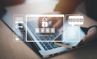 Cyber security and Security password login online concept  Hands typing and entering username and password of social media, log in with smartphone to an online bank account, data protection hacker photo