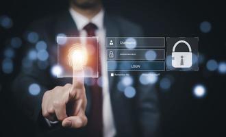 Cyber security password login online concept Hands typing and entering username and password of social media, log in with smartphone to an online bank account, data protection from hacker photo
