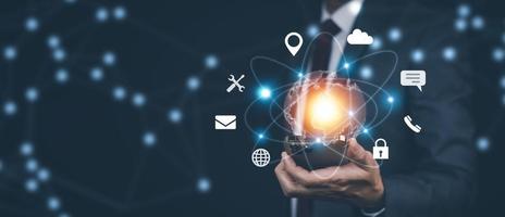 virtual Global Internet connection metaverse concept, Businessman using mobile smartphone, global internet connection application technology and digital marketing, Financial and banking,tech big data. photo