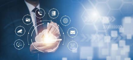 Man touching connect to data information on the Cloud Computing Technology Internet Storage Network Concept And a large database big data Through internet technology, Cloud sharing download and upload photo